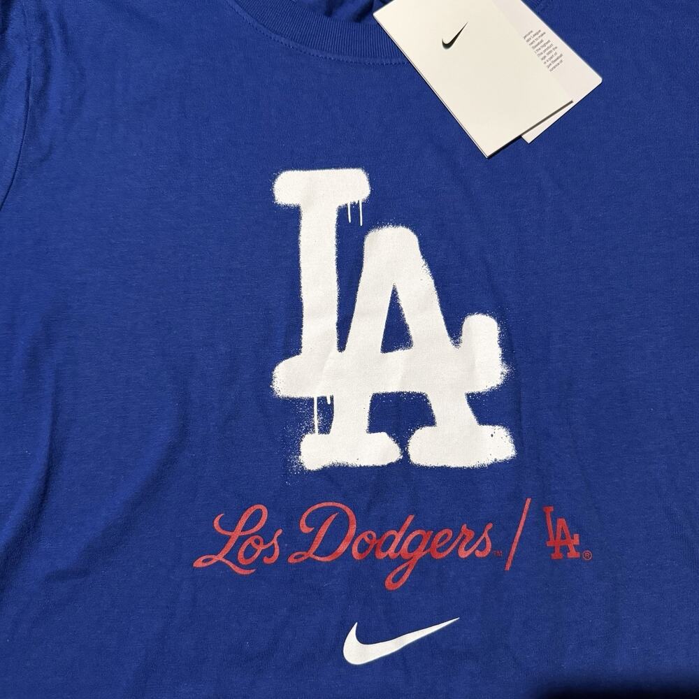 Nike LA Dodgers Blue White Spray Paint Logo T Shirt Women’s Medium Oversized NWT - Picture 11 of 12